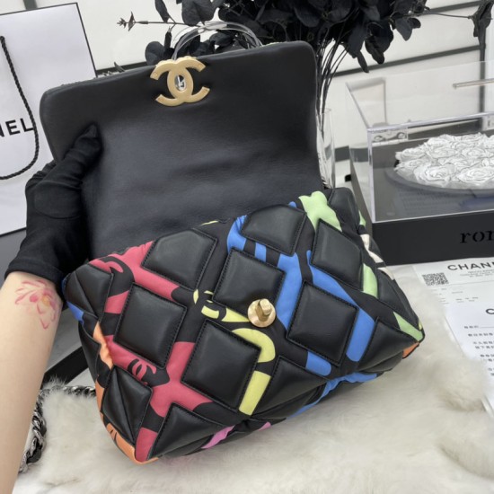 Chanel 19 Handbag in Lambskin And Black And Multicolor Printed Fabric