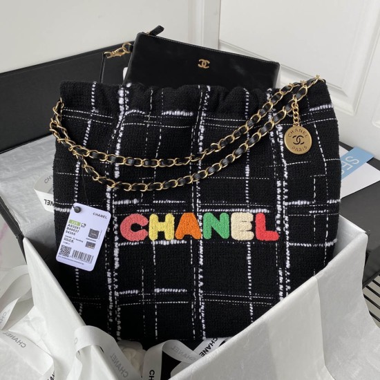 Chanel 22 Handbag In Striped Wool Fabric With Sherpa Logo 35cm 38cm 47cm