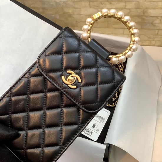 Chanel Phone Bag in Lambskin With Imitation Pearls Round Handle 18cm