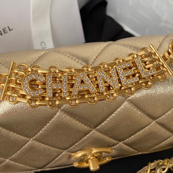 Chanel Flap Bag In Metallic Lambskin With Strass And Gold Metal Chains