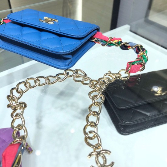 Chanel Mini Wallet on Chain In Lambskin With Rainbow Fabric Chains 12.5cm