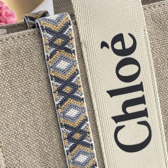 Chloe Woody Tote Bag in Subtly Speckled Cotton Canvas With Embroidery Ribbon