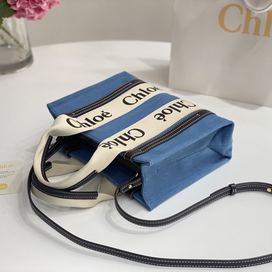 Chloe Small Woody Tote Bag in Denim Fabric With Strap
