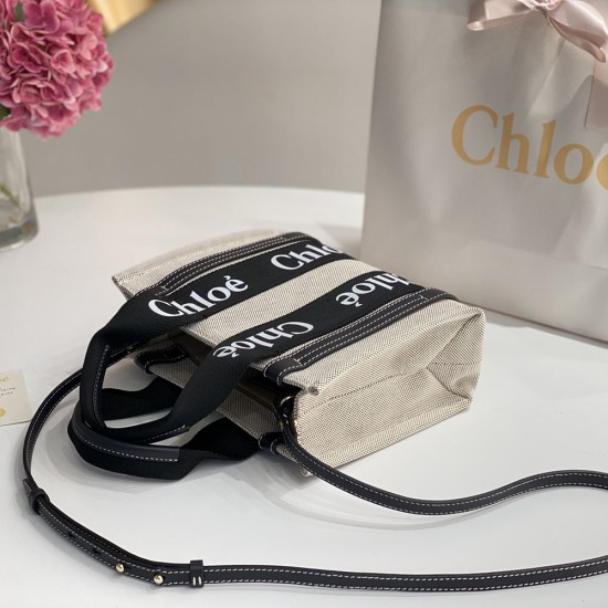 Chloe Small Woody Tote Bag in Subtly Speckled Cotton Canvas With Strap And Black Ribbon