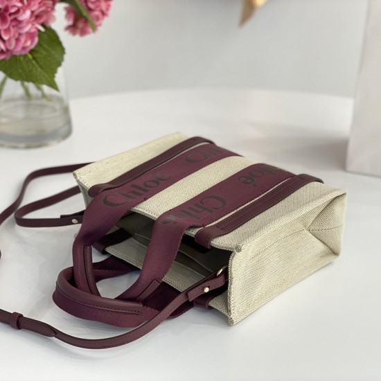 Chloe Small Woody Tote Bag in Subtly Speckled Cotton Canvas With Strap And Burgundy Ribbon