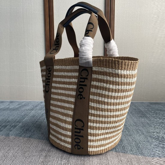 Chloe Large Woody Basket Bag Handwoven in Striped Upcycled Materials