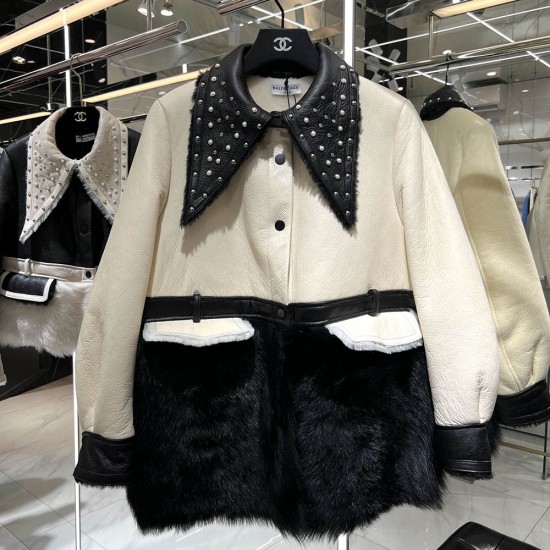 Balenciaga Leather And Fur Long Jacket
