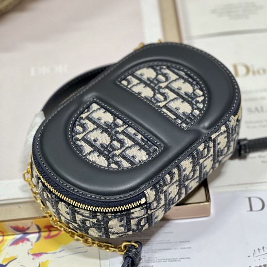 Dior CD Signature Oval Camera Bag In Blue Dior Oblique Jacquard 18cm