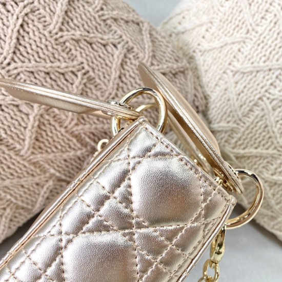 Dior Mini Lady Dior Bag In Pearl Gold Cannage Lambskin 17cm