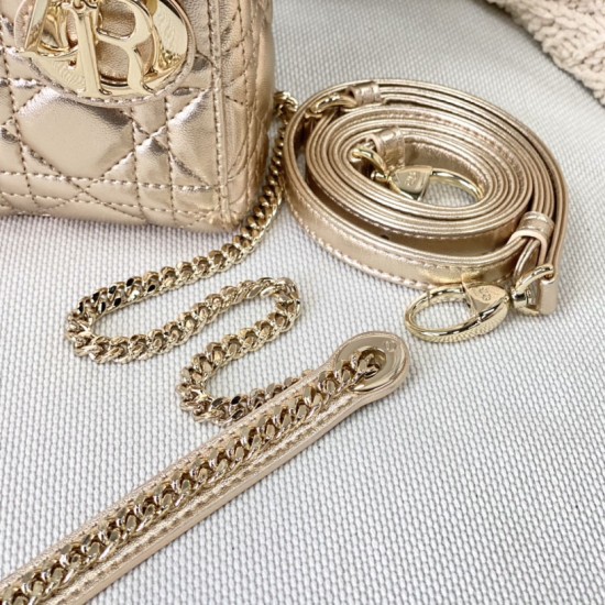 Dior Mini Lady Dior Bag In Pearl Gold Cannage Lambskin 17cm