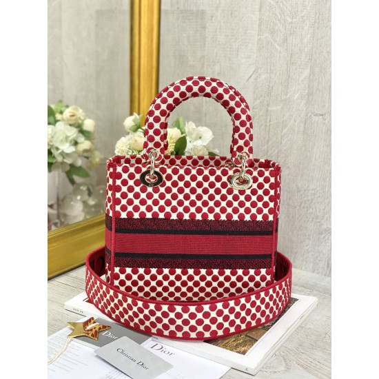 Dior Medium Lady D-Lite Bag Red Dots Embroidery 24cm