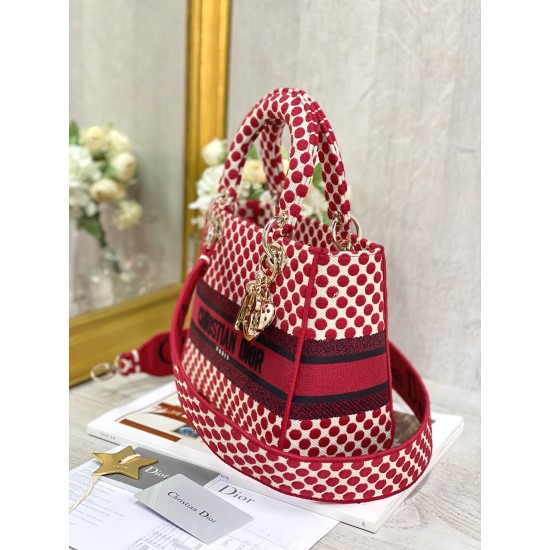 Dior Medium Lady D-Lite Bag Red Dots Embroidery 24cm