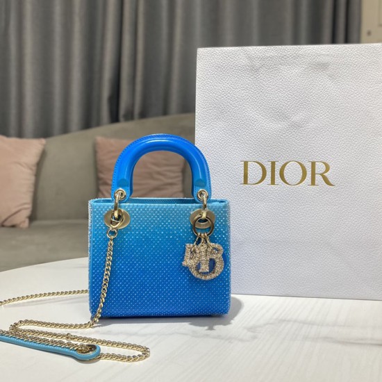 Dior Mini Lady Dior Bag In Square Pattern Embroidery Set With Strass And Gradient Round Beads 17cm