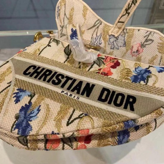 Dior Saddle Bag Beige Hibiscus Rosa-sinensis Embroidery 25.5cm