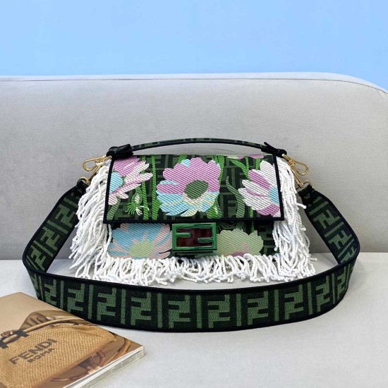 Fendi Medium Baguette Bag in Embroidered Canvas with Fringes