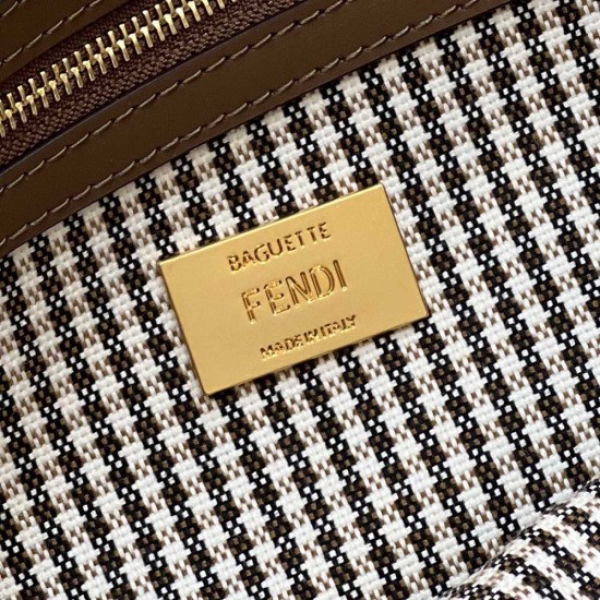 Fendi Medium Baguette Bag in Houndstooth Wool And Calfskin with Dove FF 2 Colors