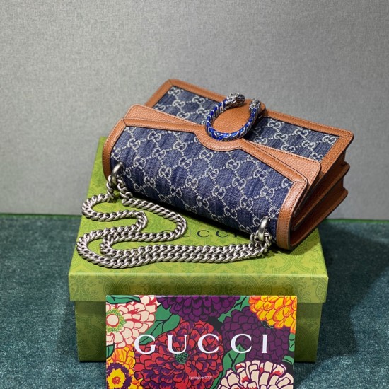 Gucci Dionysus Shoulder Bag In Washed Organic GG Jacquard Denim And Leather Trims With Enamel Tiger Head Closure 28cm