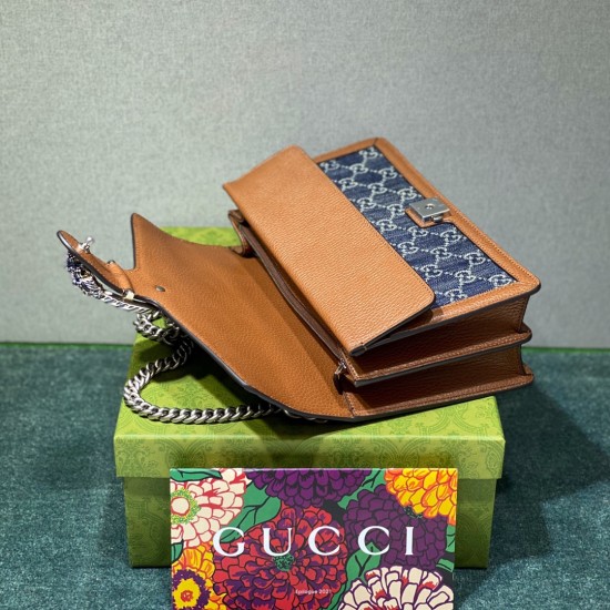 Gucci Dionysus Shoulder Bag In Washed Organic GG Jacquard Denim And Leather Trims With Enamel Tiger Head Closure 28cm