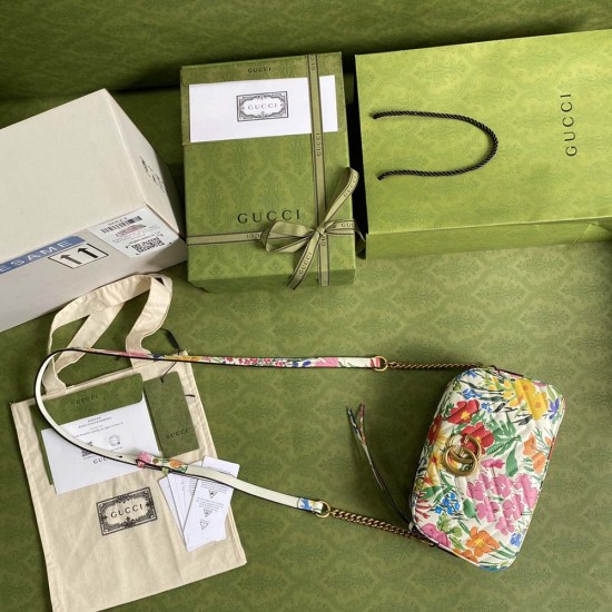 Gucci GG Marmont Small Shoulder Bag Multicolor Flora Print Matelassé Chevron Leather