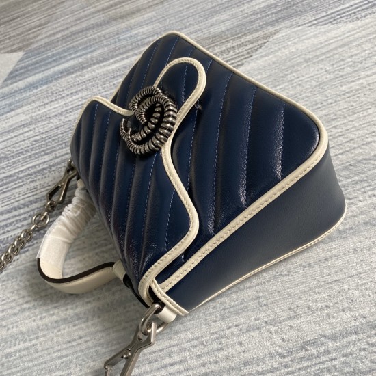 Gucci GG Marmont Top Handle Bag In Diagonal Matelassé Leather And Contrasting Trims With Textured Torchon Double G Metal Buckle 3 Colors 21cm 27cm