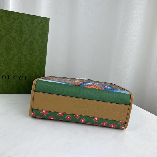 Gucci Children's Kitten Print Tote Bag Multicolor Supreme Canvas Brown Trim