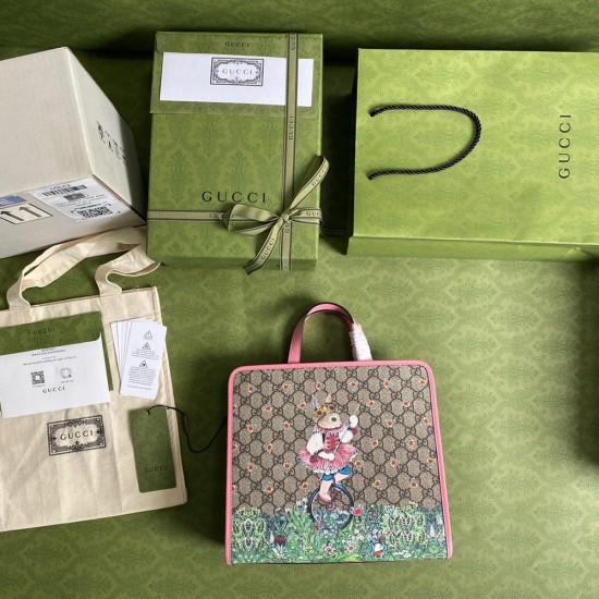 Gucci Children's Tote Bag Beige Ebony GG Supreme Canvas Ribbit Print Pink Trim