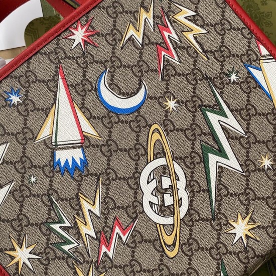 Gucci Children's Tote Bag Beige Ebony GG Supreme Canvas Multicolor Stars Print Red Trim