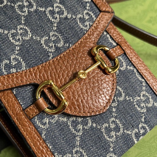 Gucci Horsebit 1955 Mini Bag In GG Denim Jacquard And Leather 2 Colors 11.5cm