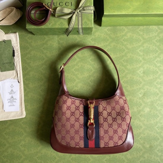 Gucci Jackie 1961 Shoulder Bag In Original GG Canvas And Leather Trims With Web 19cm 28cm 36.5cm