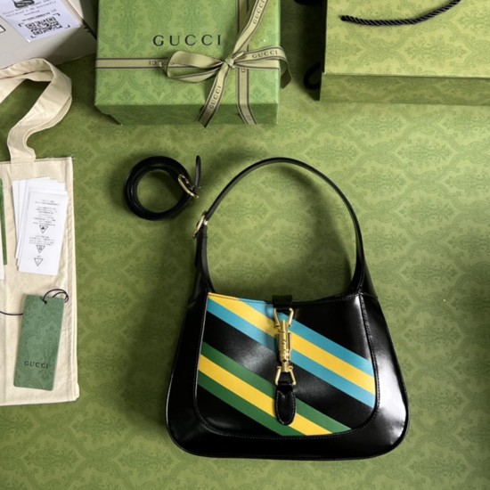 Gucci Jackie 1961 Shoulder Bag Black Leather Geometric Print 19cm 28cm 36.5cm