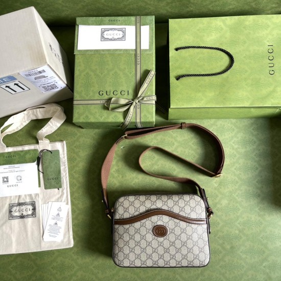 Gucci Messenger Bag In GG Supreme Canvas White Leather Trims 25.5cm