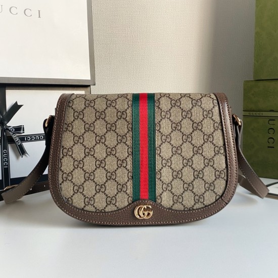 Gucci Small Shoulder Bag Beige Ebony GG Supreme Canvas Brown Leather