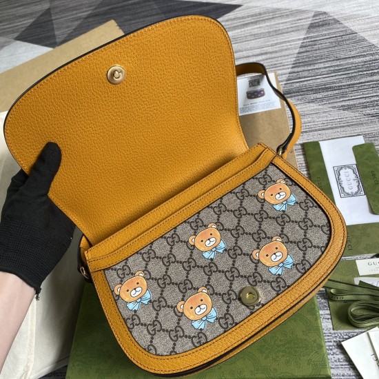Gucci Small Shoulder Bag Beige Ebony GG Supreme Canvas Bear Print Yellow Leather