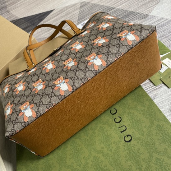 Gucci Ophidia Medium Tote Bag Beige Ebony GG Supreme Canvas Bear Print Brown Leather