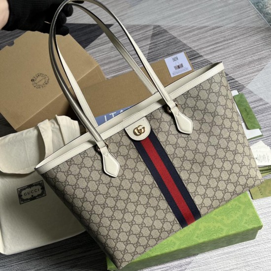 Gucci Ophidia Medium Tote Bag In GG Supreme Canvas With Leather Trims 4 Colors 38cm