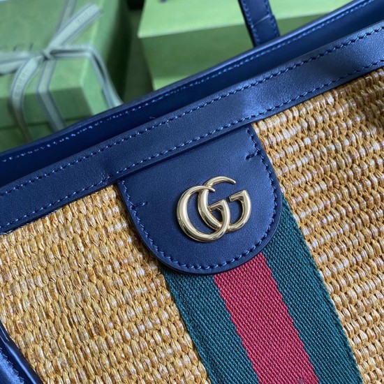 Gucci Ophidia GG Medium Tote Bag Camel Straw Effect Fabric Blue Leather