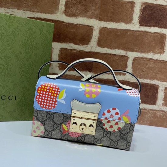 Gucci Padlock Mini Bag In GG Supreme Canvas And Smooth Leather With Multicolor Apple Print 2 Colors 18cm