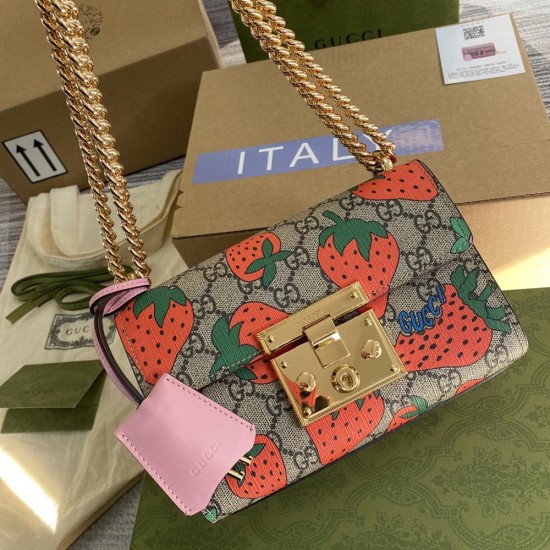 Gucci Padlock Small Shoulder Bag Beige Ebony GG Supreme Canvas Strawberry Print