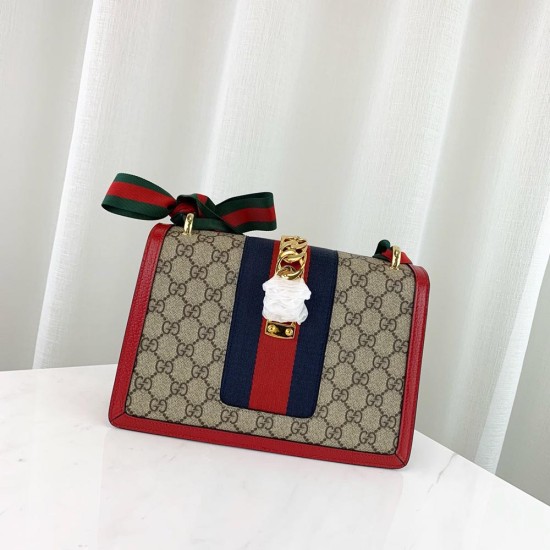 Gucci Sylvie Shoulder Bag In GG Supreme Canvas With Leather Trims 3 Colors 25.5cm