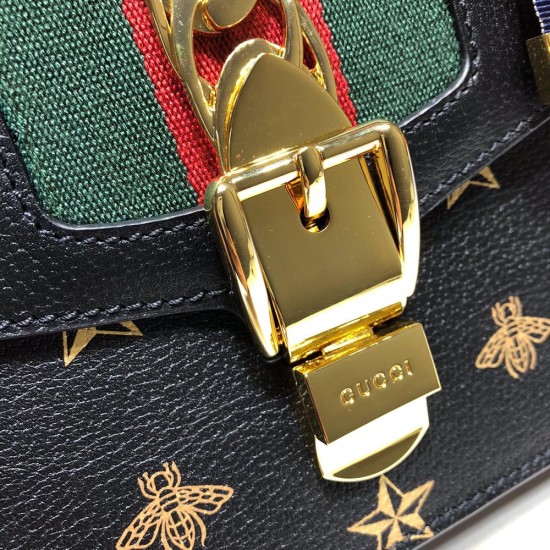 Gucci Sylvie Bee Star Small Shoulder Bag In Metal-Free Tanned Leather With Bees And Stars Print 2 Colors 25.5cm
