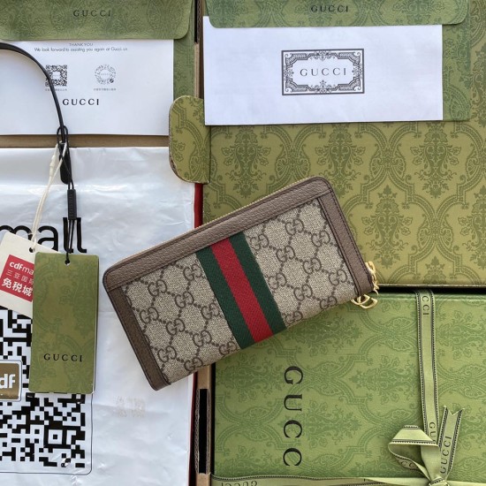 Gucci Ophidia Zip Around Wallet With Web In GG Supreme Canvas And Leather Trims 2 Colors 19cm