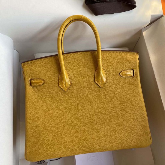 Hermes Birkin Touch Amber Yellow Nile Crocodile and Togo Leather