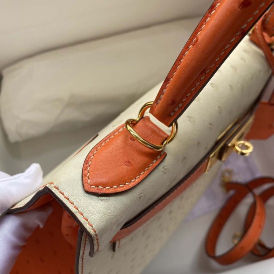 Hermes Kelly Wool white And Classic Orange Africa Orstrich Leather