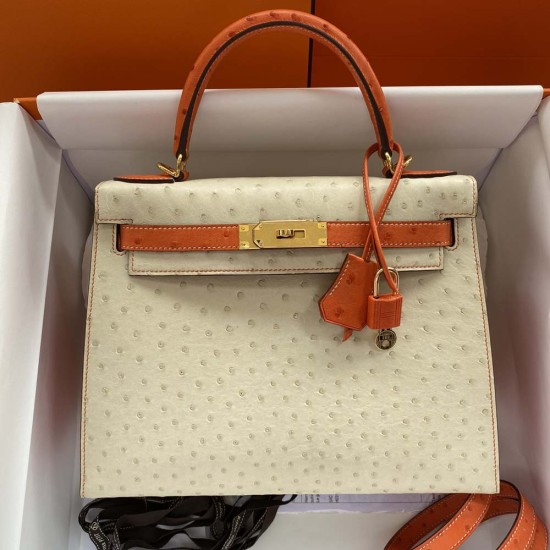 Hermes Kelly Wool white And Classic Orange Africa Orstrich Leather