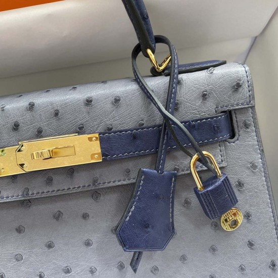 Hermes Kelly Agate Grey And Iris Blue Africa Orstrich Leather