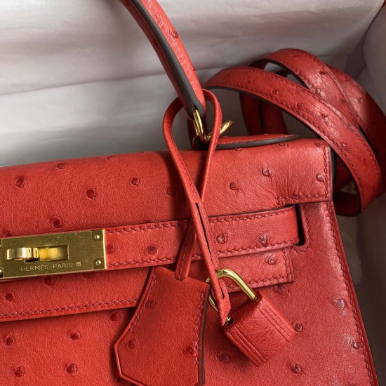 Hermes Kelly Red Africa Orstrich Leather