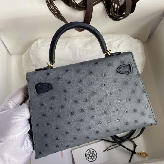 Hermes Mini Kelly 2 Agate Grey And Iris Blue South Africa Ostrich Leather