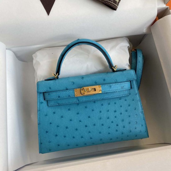 Hermes Mini Kelly 2 Crystal Blue South Africa Ostrich Leather