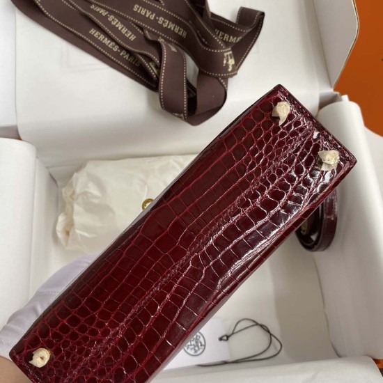 Hermes Mini Kelly 2 Bordeaux America Crocodile Leather
