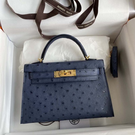 Hermes Mini Kelly 2 Maltese Blue South Africa Ostrich Leather